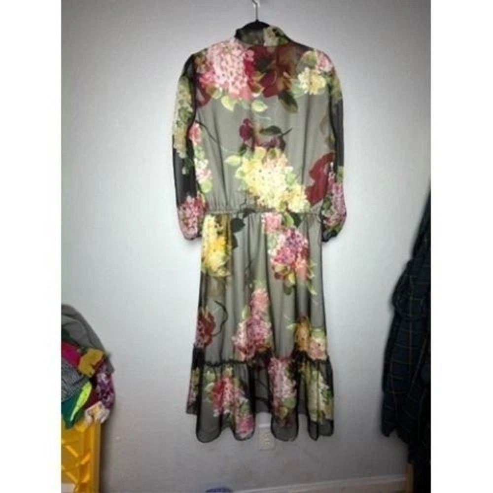 Lauren Ralph Lauren Midi Dress Womens 10 Floral Chiffon Tie Neck Sheer Sleeve